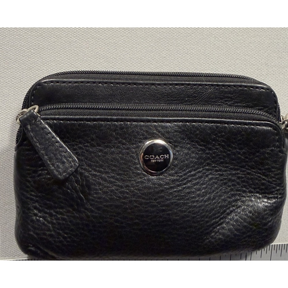 COACH Black Pebbled Leather Double Zip Wristlet Pouch Wallet Silver Logo Bag